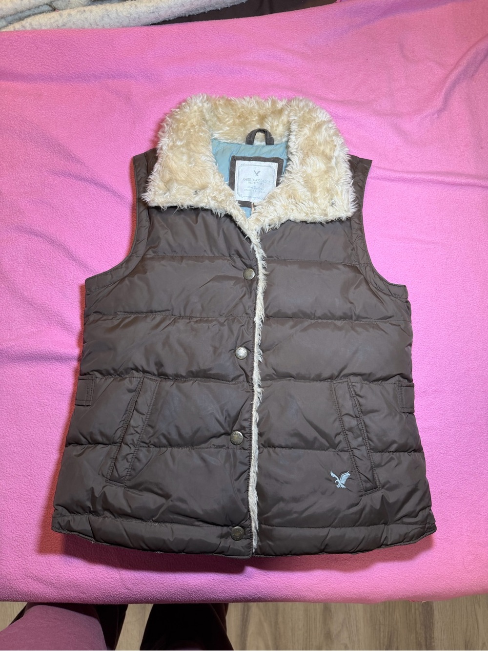 American Eagle Outfitters Brown Puffer Vest with Cream Faux Fur Trim